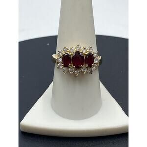 Vintage‎ Vermeil Sterling Triple Oval Garnet Trilogy Engagement Ring Cz Diamond